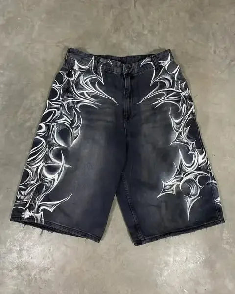 Denim Jort Front Graffiti Graphic Print Street Style Oversized Distressed Cotton Blend Vintage Unisex Shorts Summer Casual Fit
