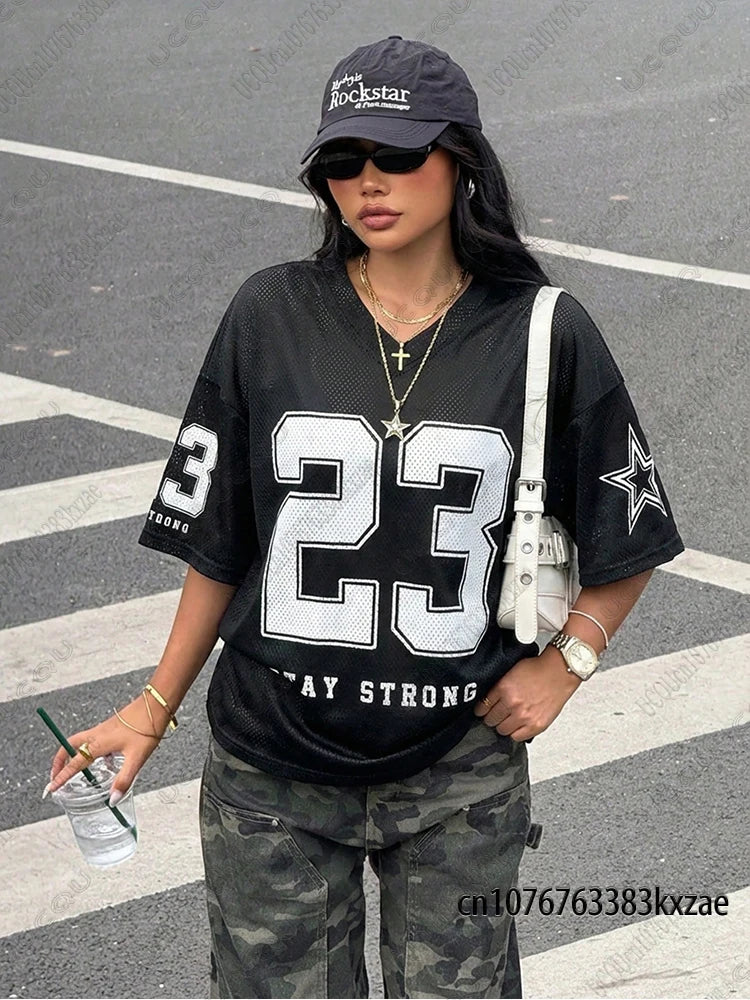 2026 Summer New Retro No.23 Printed T-Shirt For Women V-Neck Short Sleeve Sports Football Jersey Y2K Loose Oversized Tops