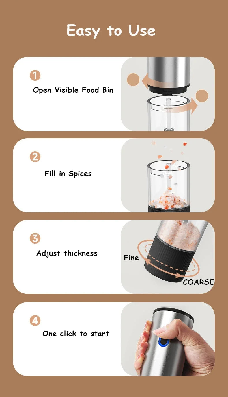 Electric Salt and Pepper Grinder Automatic Rechargeable Pepper Mill Shakers External Adjustable Coarseness Kitchen Appliances