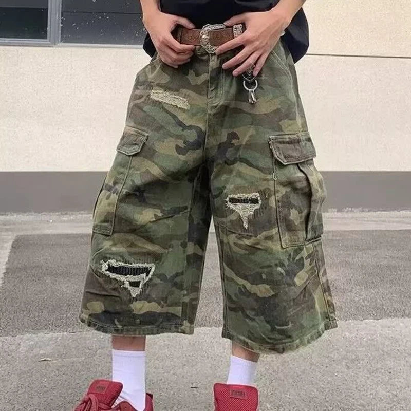 2025 Mens Camo Cargo Denim Shorts Distressed Straight Leg Casual Seven Inch Shorts Y2K Streetwear Vintage Loose Fit Summer Fashi