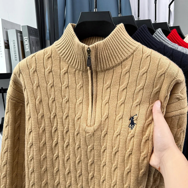 Heshi Brand Fashion American 2025 Vintage Stand Collar Zipper Embroidery Sweater Fried Dough Twists 3D Autumn Winter Knitwear