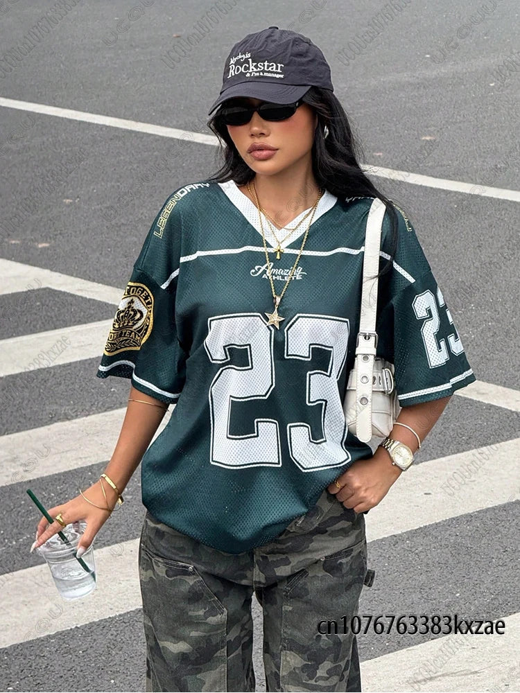 2026 Summer New Retro No.23 Printed T-Shirt For Women V-Neck Short Sleeve Sports Football Jersey Y2K Loose Oversized Tops