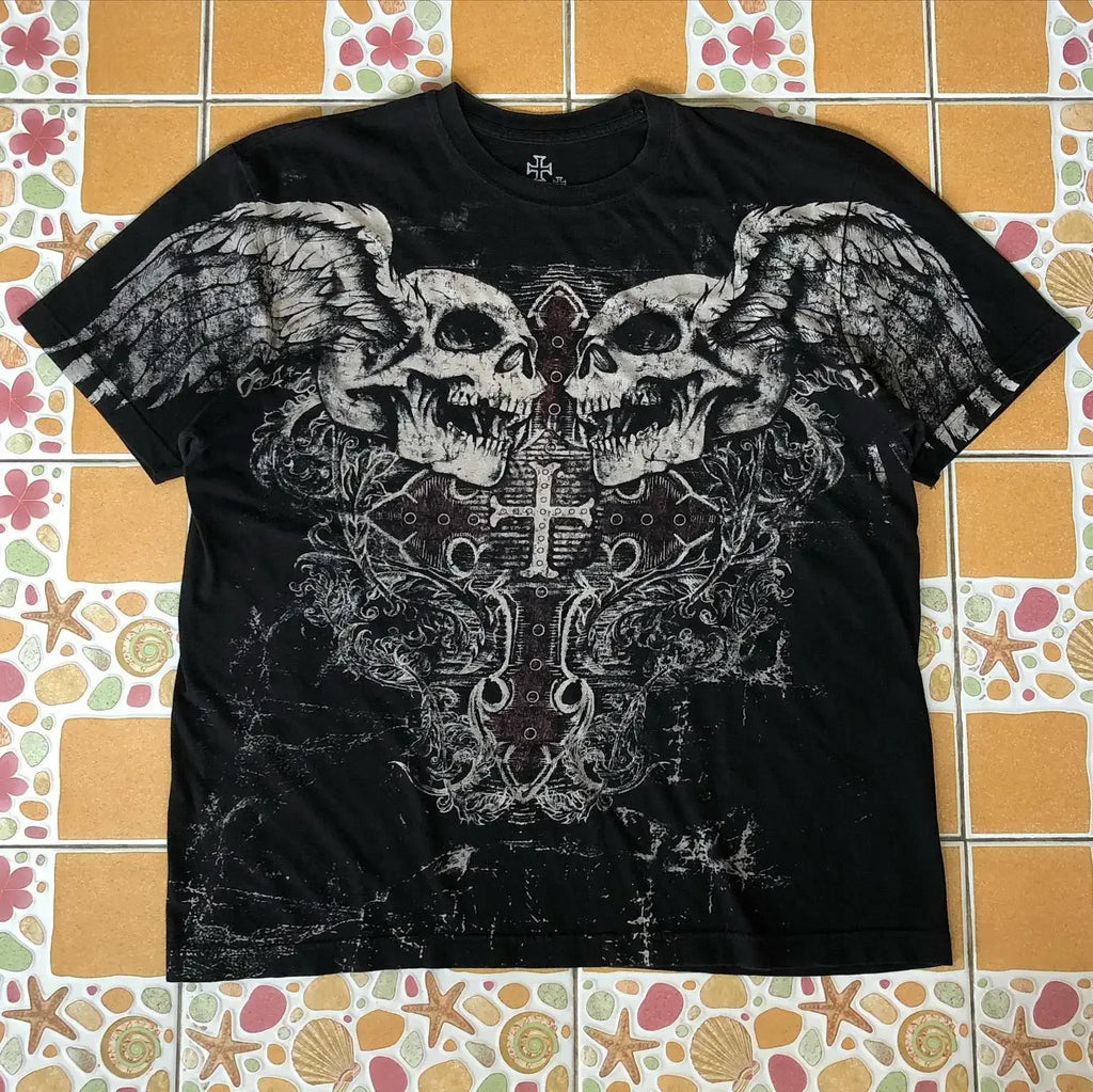 2000s Affliction Graphic T-Shirt Women's Large Grunge Wings New Fashion Style Couple Tops Pure Cotton Street Boxing Shirt