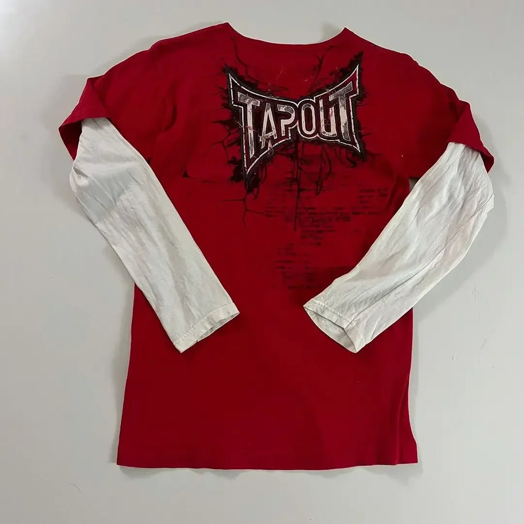 TAPOUT New Y2K Red  Printing  T shirt Men  Hip Hop Round Neck Oversized Long Sleeved Casual Gothic Clothing Tops Streetwear