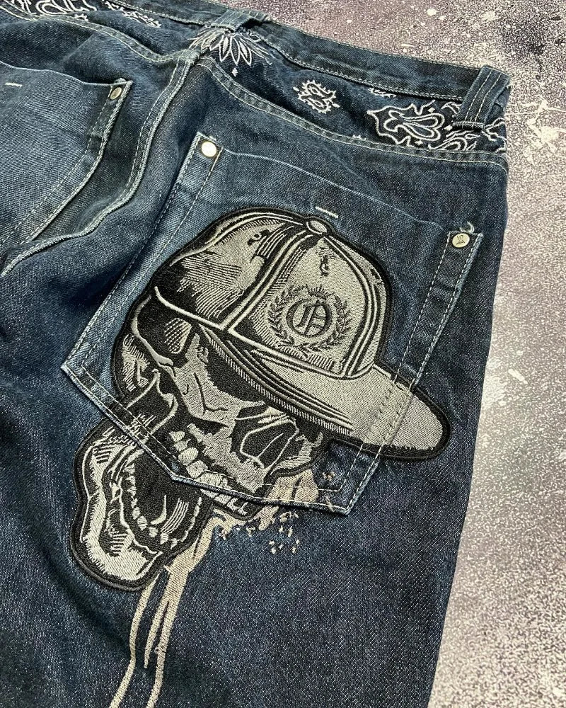 American New Skull Embroidery Casual Baggy Jeans Women Y2K Street Harajuku Vintage Gothic High Waist Joker Wide Leg Pant Trouser