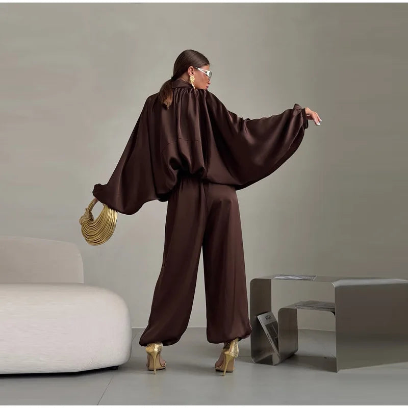 Casual Loose Pleated Shirt Pants Suit Women Solid Full Lantern Sleeve Zipper Shirts Wide Leg Trousers 2026 Fashion Street Set