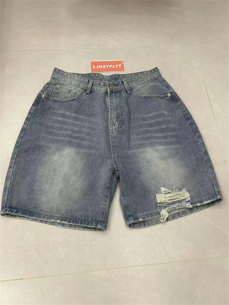 Men's Distressed Design Hole Cropped Pants Summer Cool Boys Shorts Wide Leg Casual Bottom Male High Waist Half Trousers