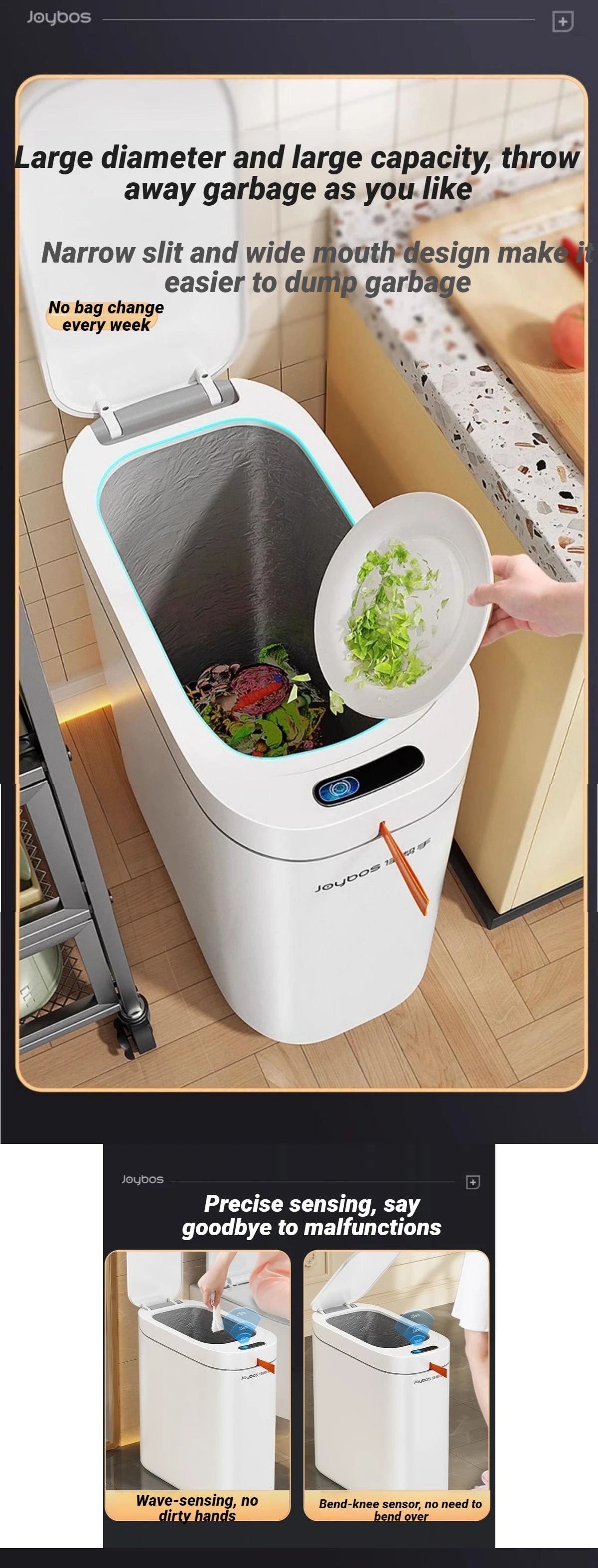 Bathroom Trash Can Hands-Free Automatic Bagging JOYBOS Smart Garbage Bin House With Lid Drawstring Bags Bathroom Toilet Office