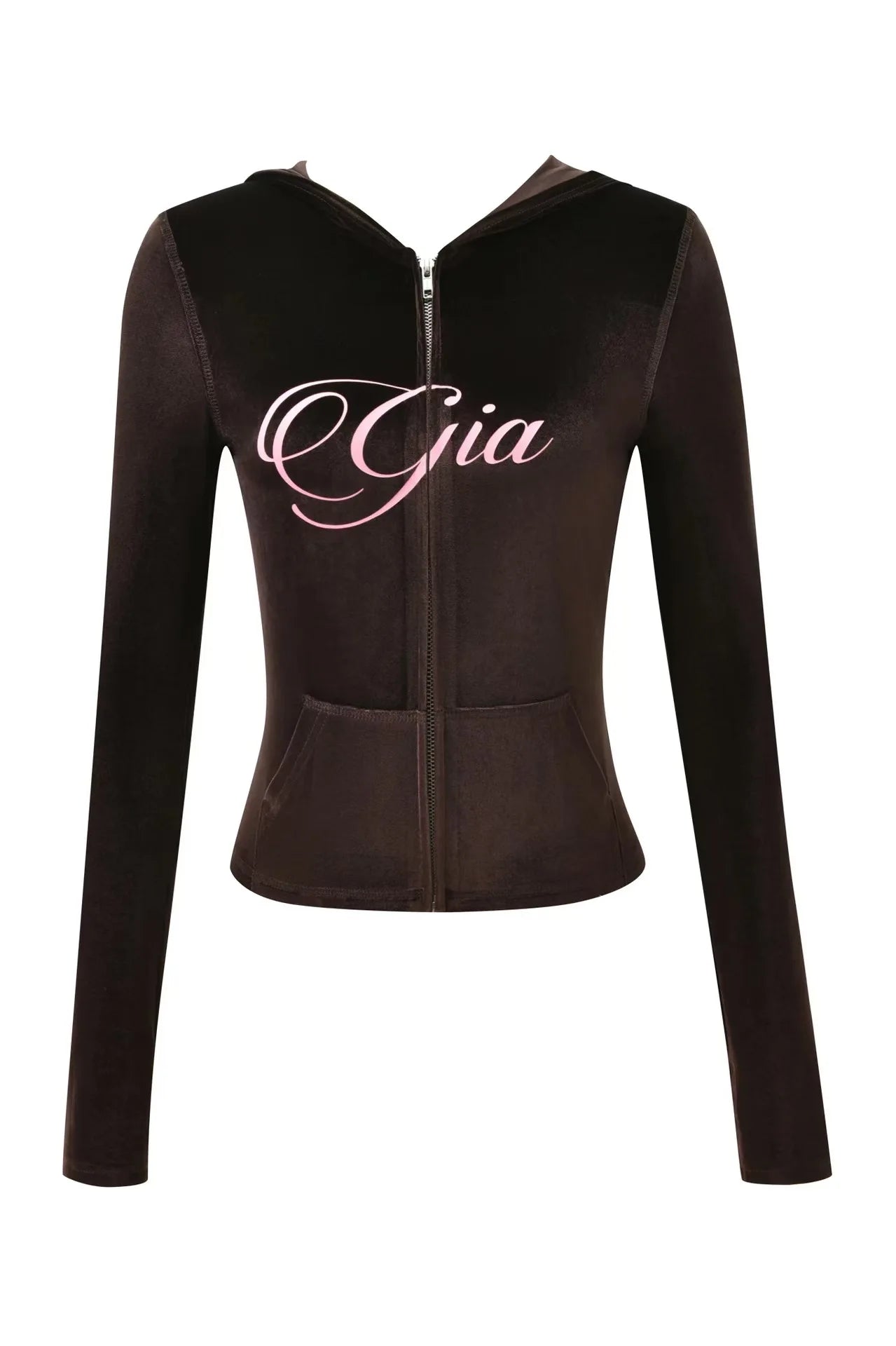 GIA New Stylish Coffee-Colored Velvet Zip-Up Hooded Jacket & Relaxed Slim-Fit Pants Comfortable Minimalist Set