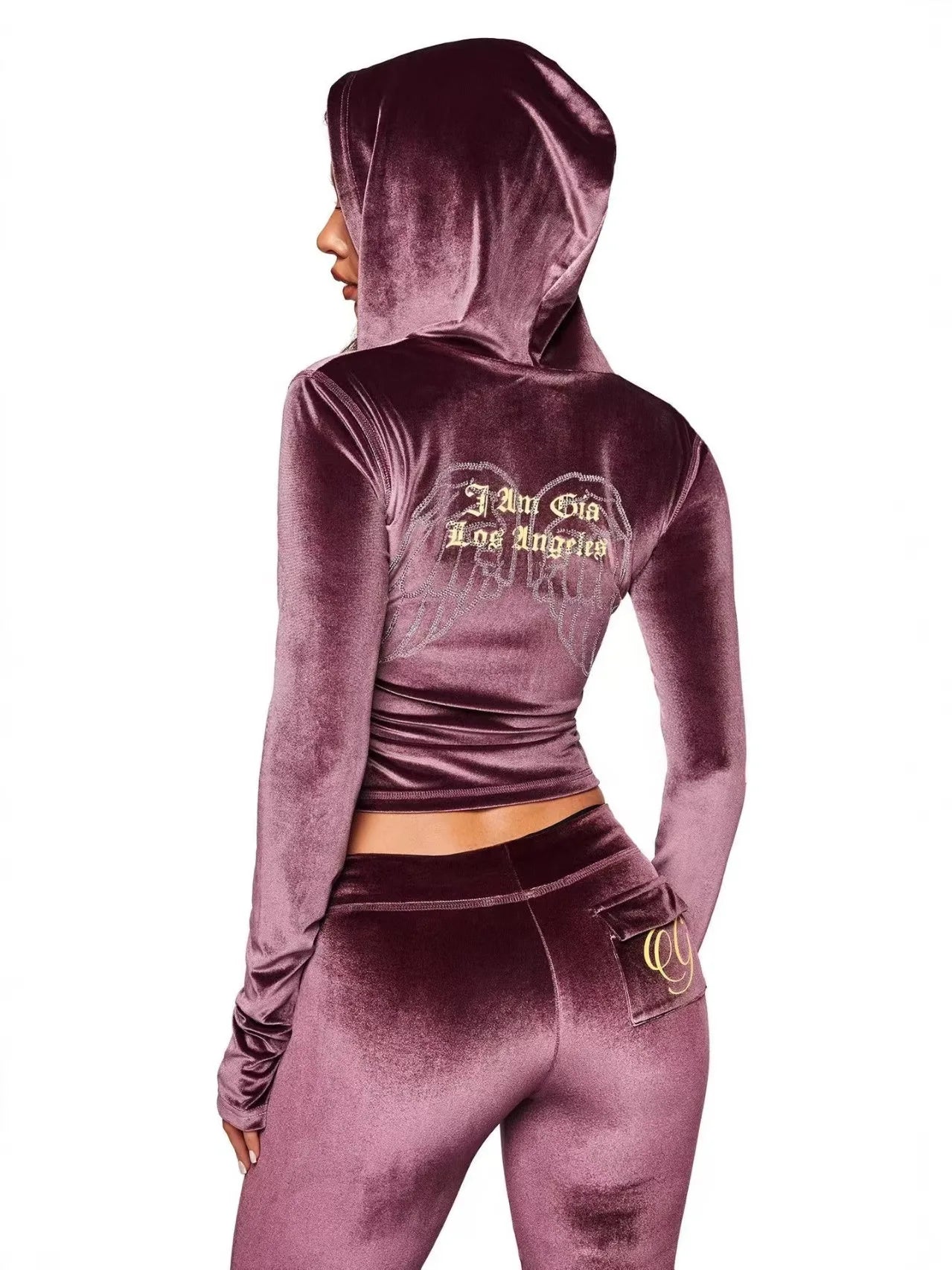 GIA New Stylish Coffee-Colored Velvet Zip-Up Hooded Jacket & Relaxed Slim-Fit Pants Comfortable Minimalist Set