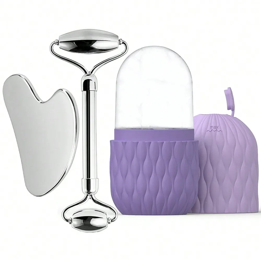 Ice Face Roller & Stainless Steel Gua Sha Tool Set, Facial Massager Ice Roller Skin Care Tool Beauty Set Lifting Contouring Tool