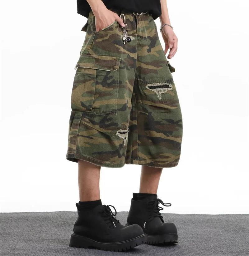 2025 Mens Camo Cargo Denim Shorts Distressed Straight Leg Casual Seven Inch Shorts Y2K Streetwear Vintage Loose Fit Summer Fashi