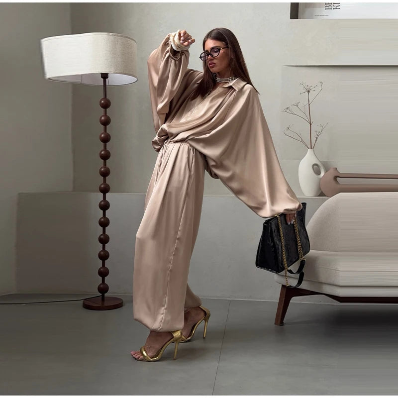 Casual Loose Pleated Shirt Pants Suit Women Solid Full Lantern Sleeve Zipper Shirts Wide Leg Trousers 2026 Fashion Street Set