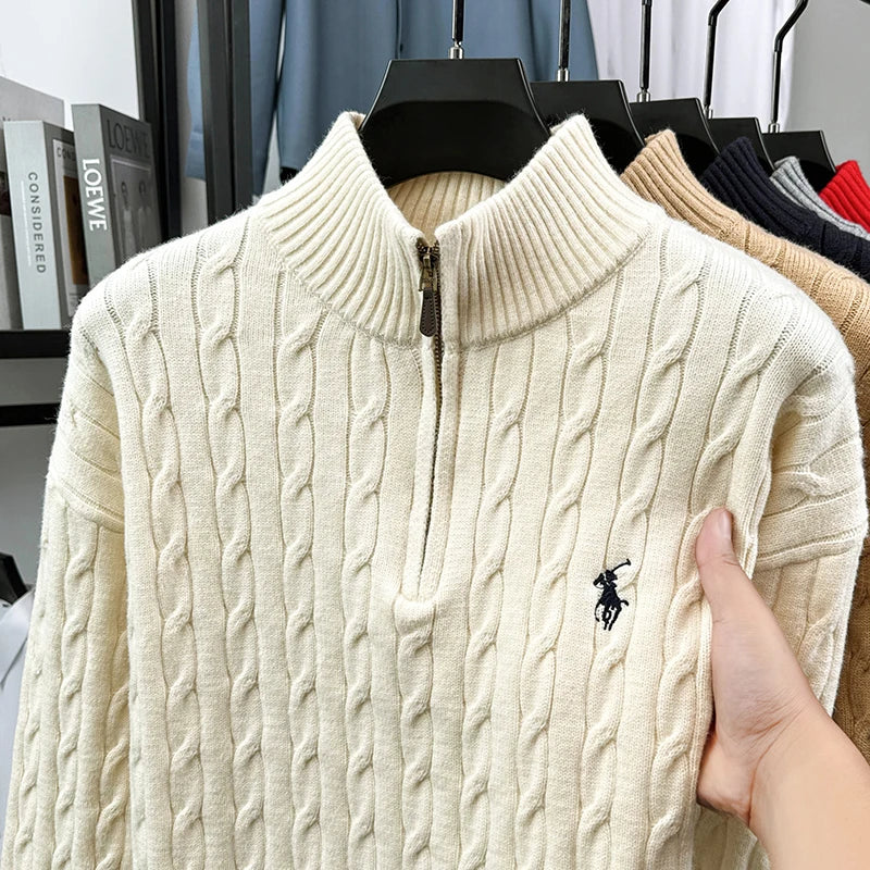 Heshi Brand Fashion American 2025 Vintage Stand Collar Zipper Embroidery Sweater Fried Dough Twists 3D Autumn Winter Knitwear