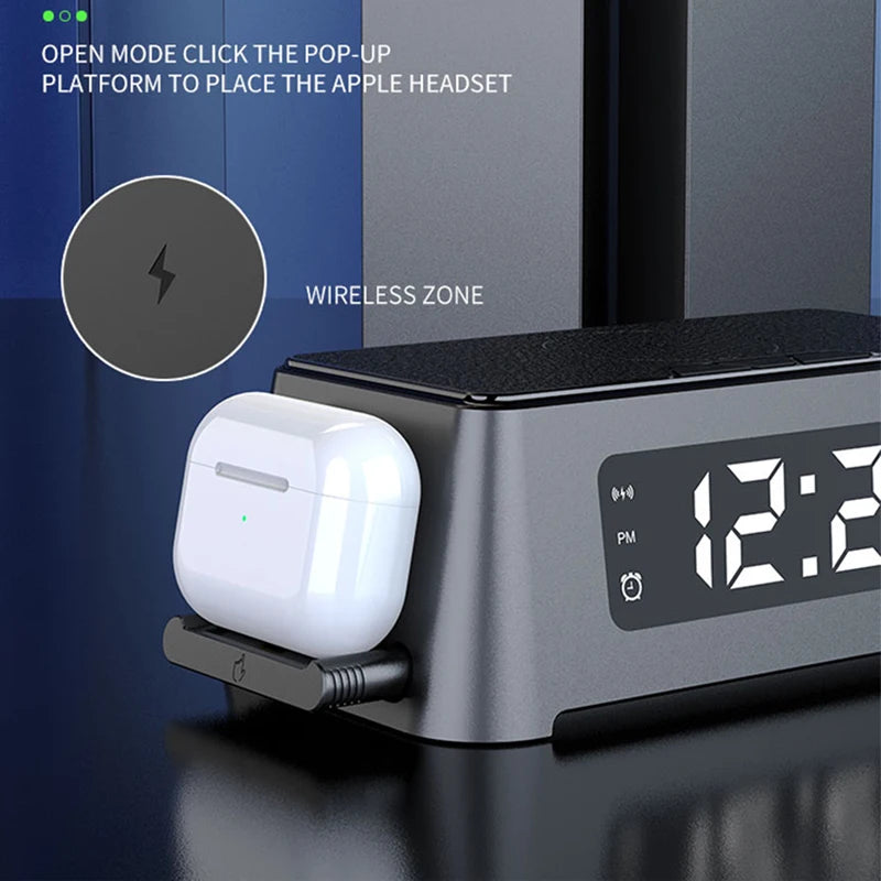 4 in 1 Wireless Charger Dock For iPhone 16 15 14Pro Apple Watch S9 8 7 15W Fast Charging Station Desktop LED Digital Alarm Clock