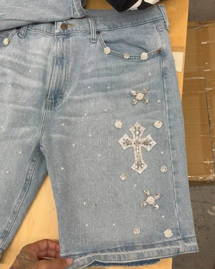 Y2K Gothic Diamond Cross Embroidery Denim Shorts American Retro Blue Gym Shorts Rhinestone Streetwear Hip Hop Men Women Jorts