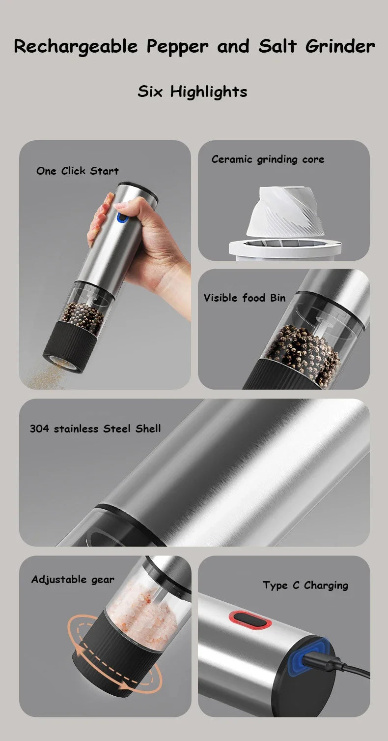 Electric Salt and Pepper Grinder Automatic Rechargeable Pepper Mill Shakers External Adjustable Coarseness Kitchen Appliances