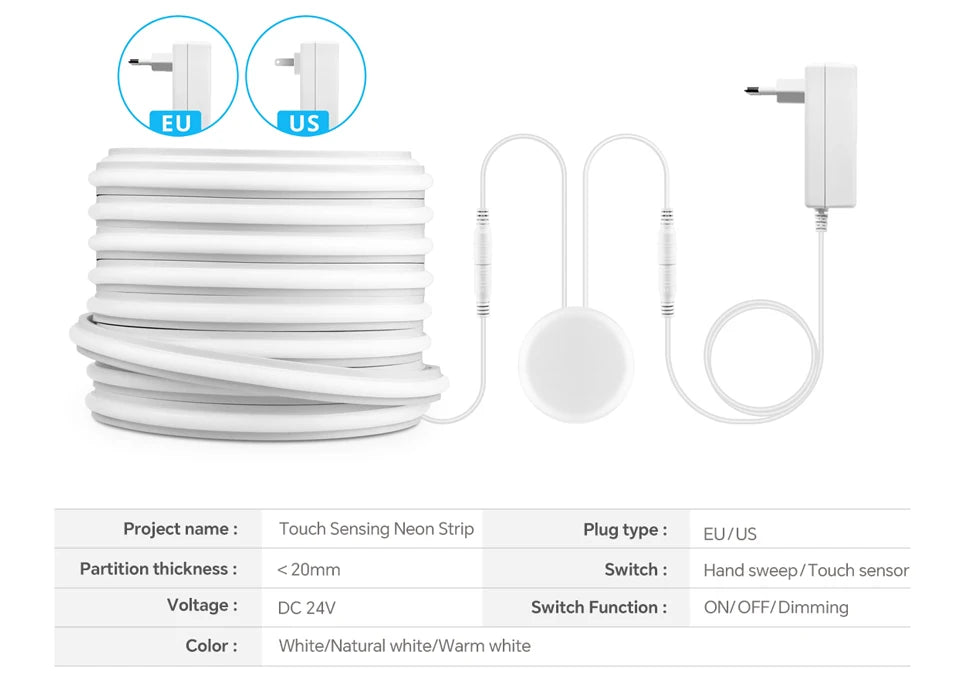 Novel Solid COB Neon Strip Light 2m-10m 24V Waterproof Pure Silicone Gel Tube Dimmable Touch Control Sensor Switch No Flicker