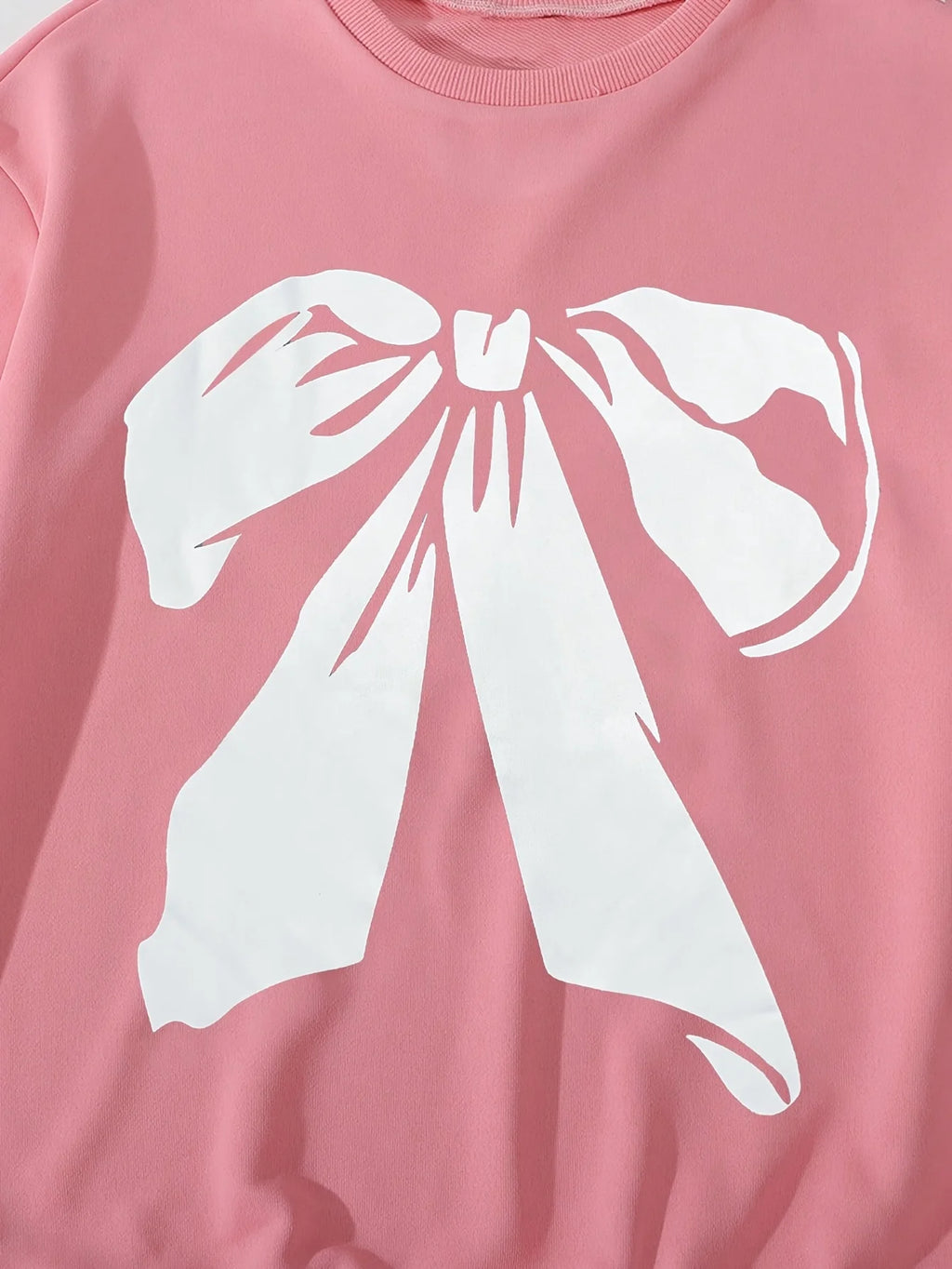 Girls' pink bow-patterned hoodie + black bow-stitched denim straight-leg pants set. Suitable for all seasons.