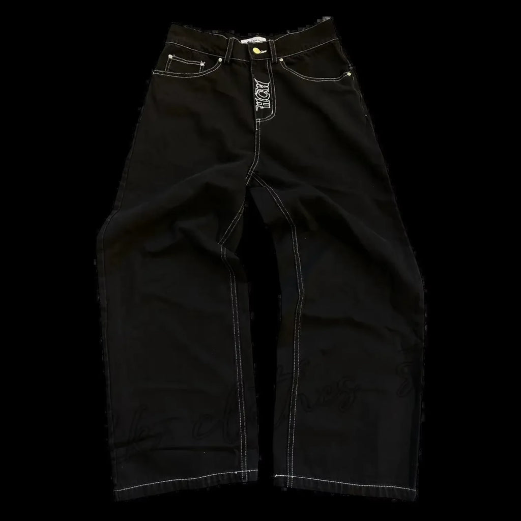 Fashion trend skull pattern embroidered loose jeans men's street Y2K new hip-hop wide leg pants men's unisex jeans