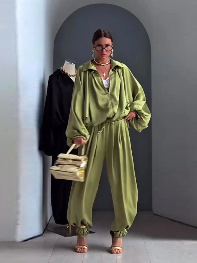 Casual Loose Pleated Shirt Pants Suit Women Solid Full Lantern Sleeve Zipper Shirts Wide Leg Trousers 2026 Fashion Street Set