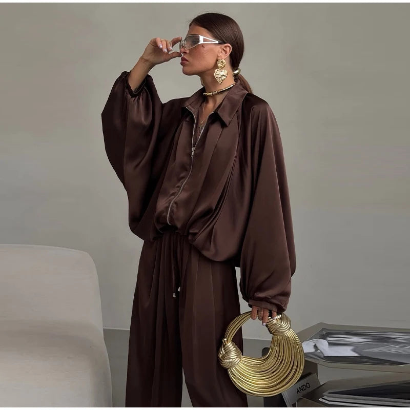 Casual Loose Pleated Shirt Pants Suit Women Solid Full Lantern Sleeve Zipper Shirts Wide Leg Trousers 2026 Fashion Street Set