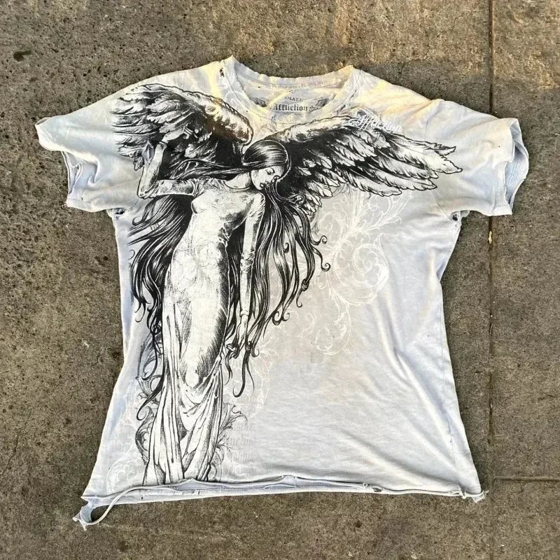 2000s Affliction Graphic T-Shirt Women's Large Grunge Wings New Fashion Style Couple Tops Pure Cotton Street Boxing Shirt