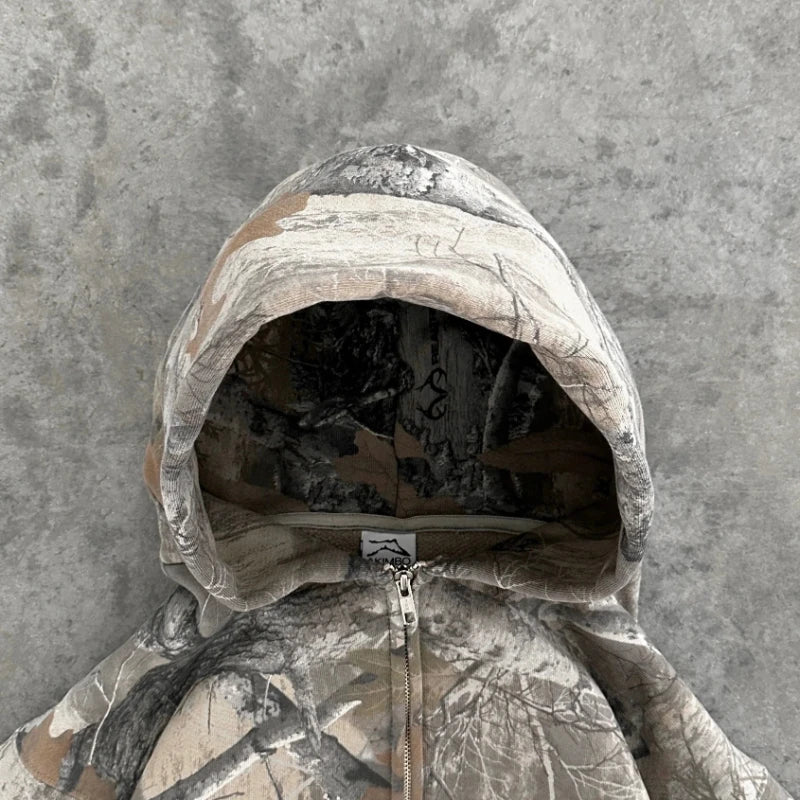 Y2K Retro Zip Up Hoodie Men Camouflage Pattern Zipper Sweatshirt High Street Hip Hop Streetwear Oversized Unisex Camo Hoodie