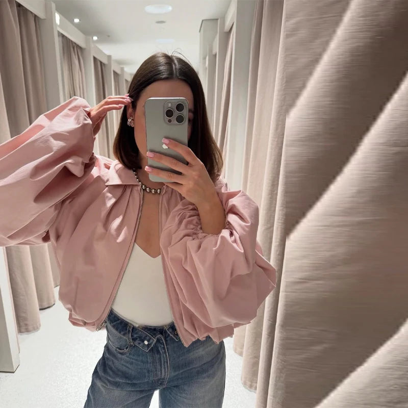 Casual Loose Pleated Shirt Pants Suit Women Solid Full Lantern Sleeve Zipper Shirts Wide Leg Trousers 2026 Fashion Street Set