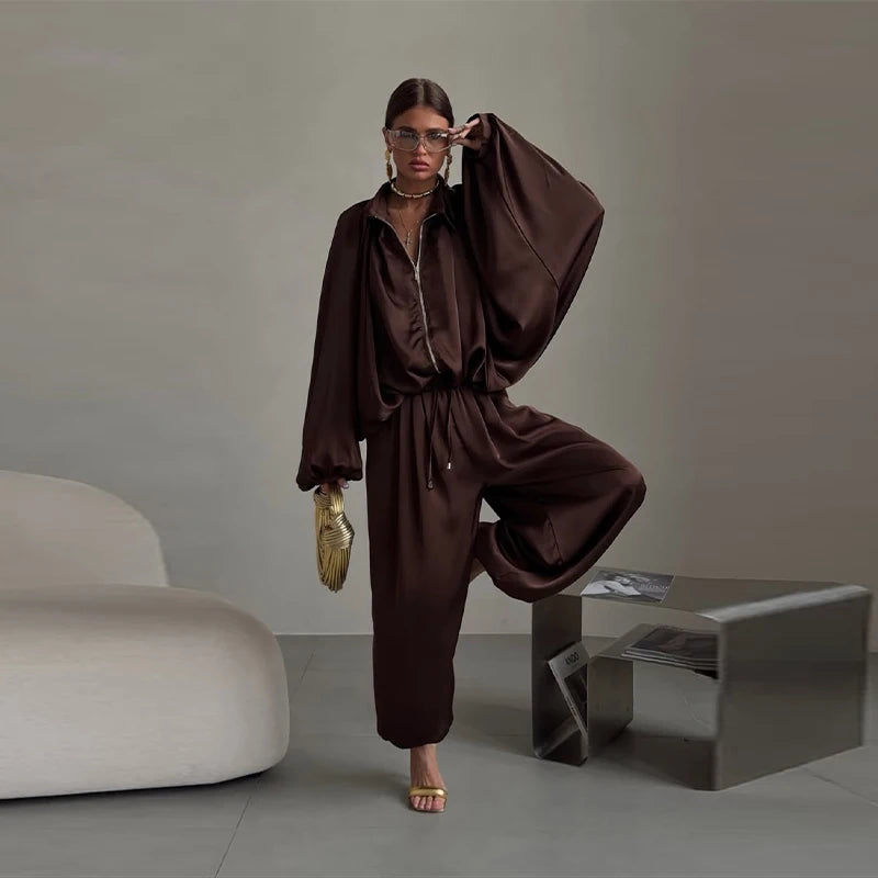 Casual Loose Pleated Shirt Pants Suit Women Solid Full Lantern Sleeve Zipper Shirts Wide Leg Trousers 2026 Fashion Street Set