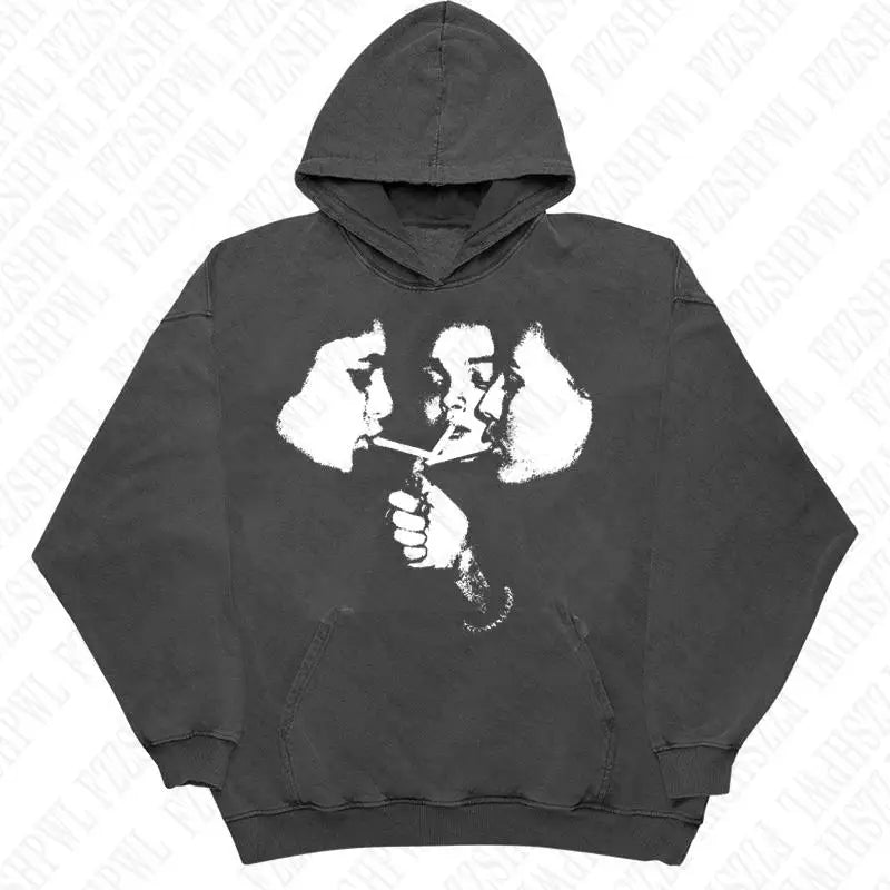 2025 hot trend 2000s men's fashion Harajuku Gothic pattern sports hoodie retro punk hip-hop casual streetwear