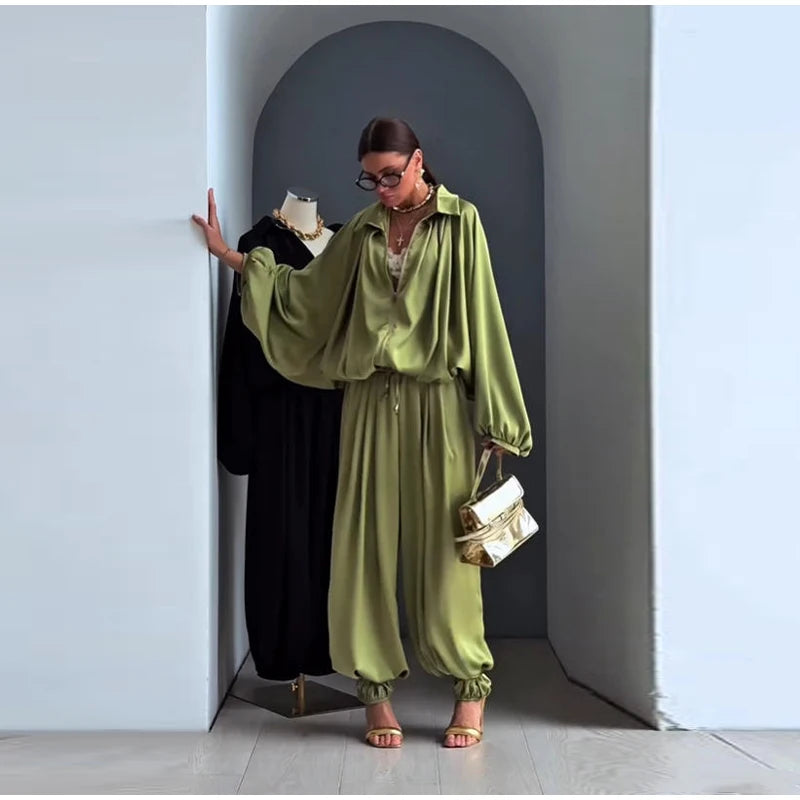 Casual Loose Pleated Shirt Pants Suit Women Solid Full Lantern Sleeve Zipper Shirts Wide Leg Trousers 2026 Fashion Street Set