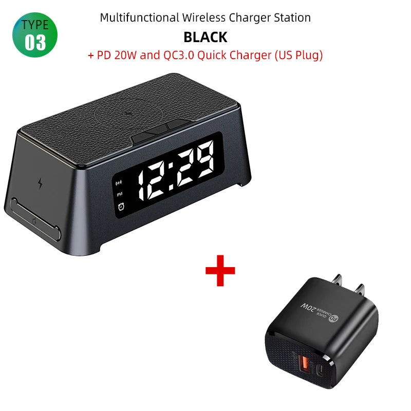 4 in 1 Wireless Charger Dock For iPhone 16 15 14Pro Apple Watch S9 8 7 15W Fast Charging Station Desktop LED Digital Alarm Clock